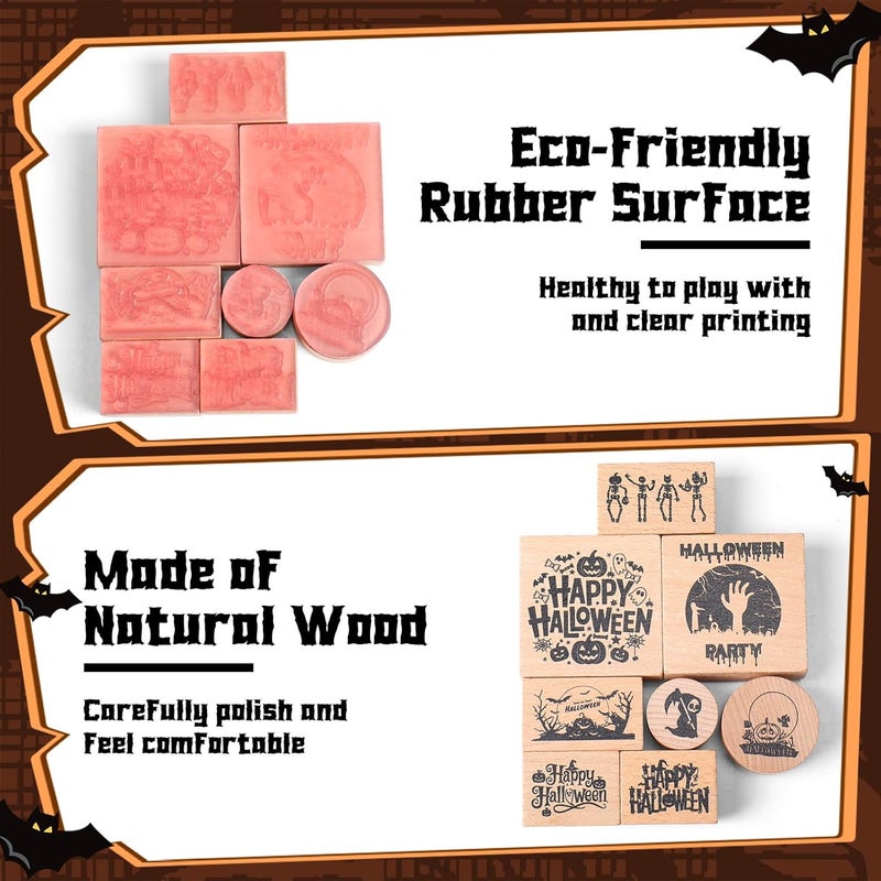 Supervitae 8 Pcs Halloween Wooden Rubber Stamp Set Happy Halloween Vintage Wooden Art Stamps for Crafting and DIY Scrapbooking Card Making Hand Book - Image 3